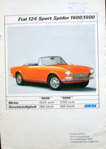 Fiat 124 Sport Spider 1800 Modelprogram 1967 Carbrochure (2443)